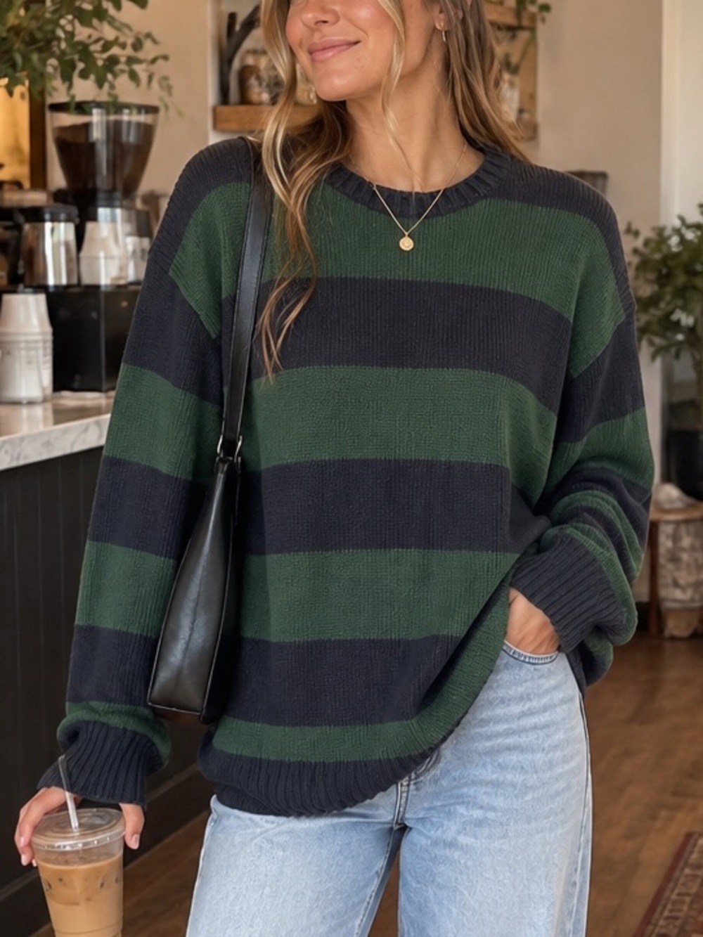 Brandy Melville Brianna Striped Sweater Navy Green 100% Cotton MH320